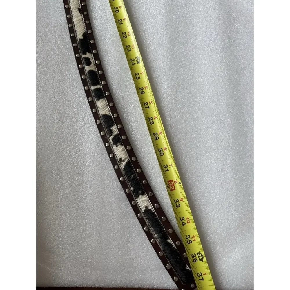 Brown Cow Print CALFHAIR Western Belt Turquoise Stones Buckle Western Studded M